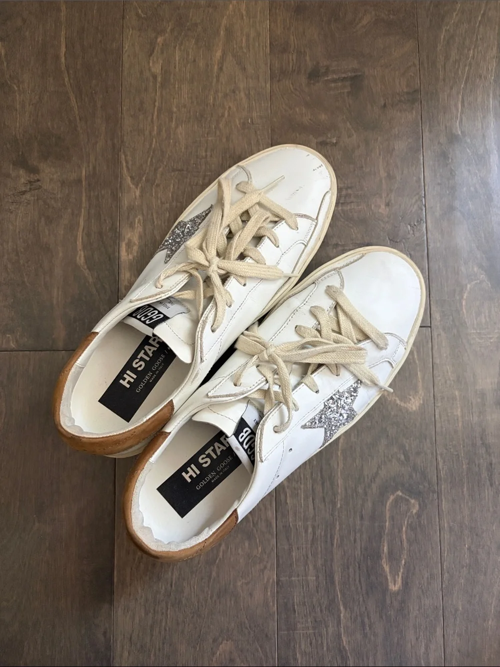 Golden Goose White Sneakers with Silver Glitter Star and Tan Heel